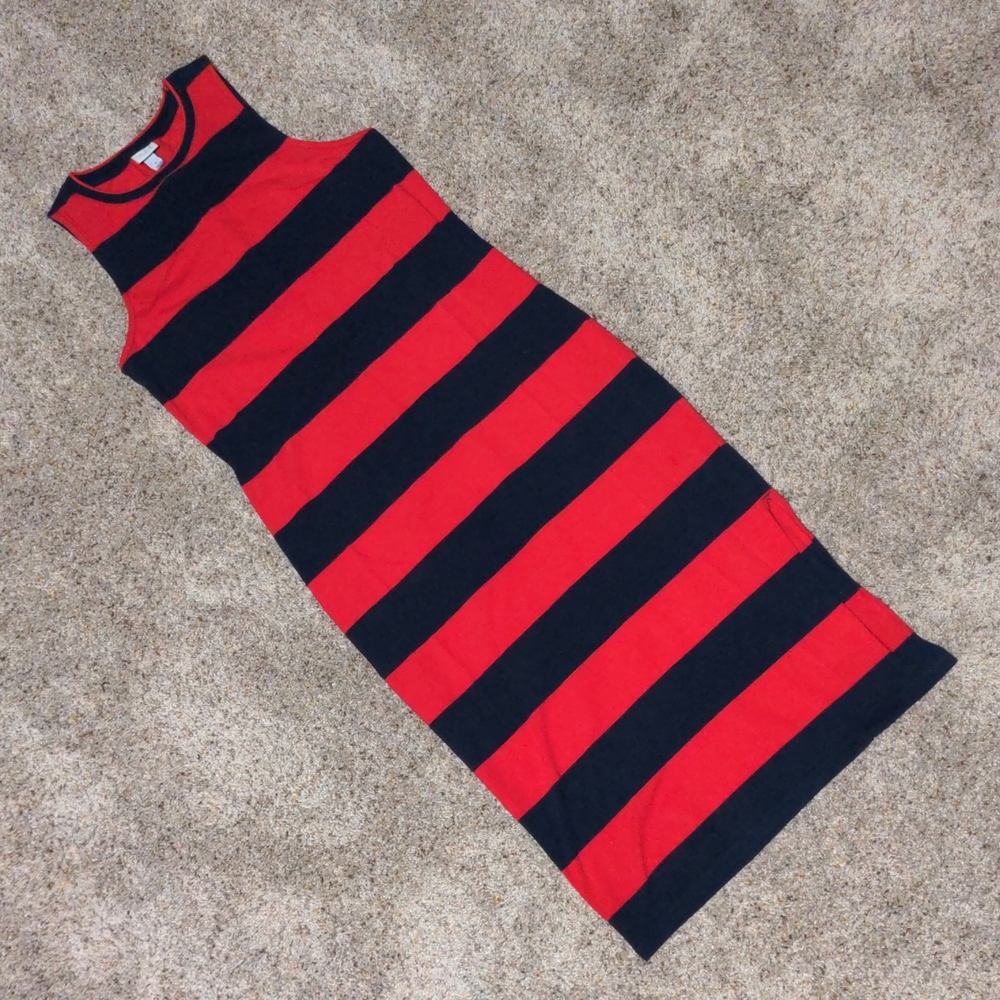Cute Red and Navy Striped One Piece Dress, Sleeveless, Full Length
